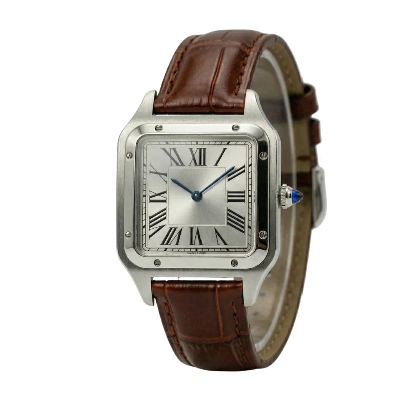 Relógio masculino Fabbricantti caixa quadrada aço inoxidável mostrador prata numerais romanos ponteiros azulados pulseira couro marrom crocodilo vista frontal fundo branco