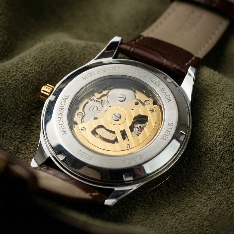 Relogio Fabbricantti masculino fundo exhibition caseback movimento mecanico automatico rotor dourado pulseira couro marrom Fabricanti relogio automatico esqueleto detalhe