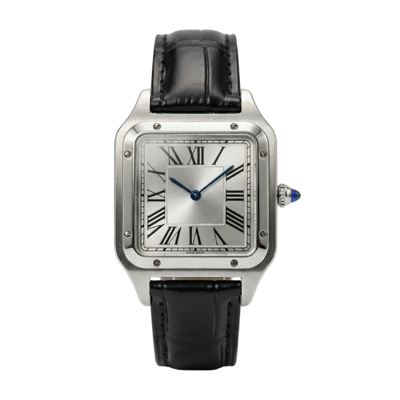 Fabricantti relogio masculino caixa quadrada mostrador branco numerais romanos parafusos aparentes pulseira couro preto coroa safira fundo branco