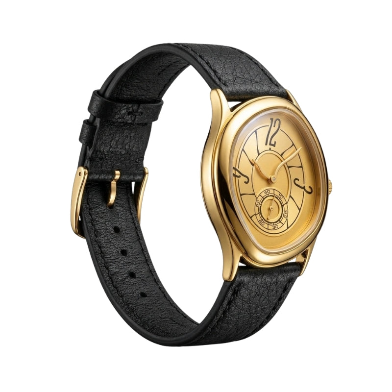 Semblantti dourado com pulseira de couro preta fechada em formato de C, visto em três quartos sobre fundo branco.