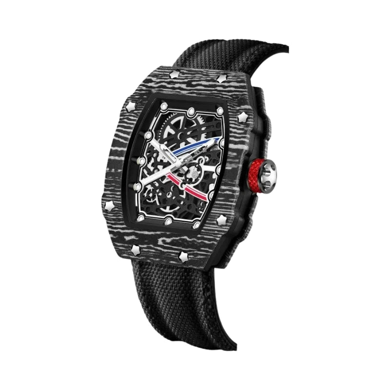 Comprar relógio masculino Fabricanti esqueleto caixa tonneau fibra de carbono pulseira nylon preta vista lateral skeleton watch luxo esportivo Brasil