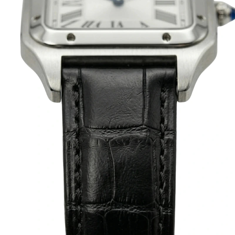 Relógio masculino Fabbricantti caixa quadrada aço inoxidável mostrador branco numerais romanos pulseira couro preto textura crocodilo coroa safira azul