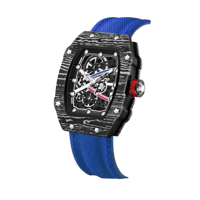 Relógio masculino Fabbricantti esqueleto caixa tonneau fibra de carbono preta pulseira nylon azul mostrador esqueleto luxo esportivo fundo branco