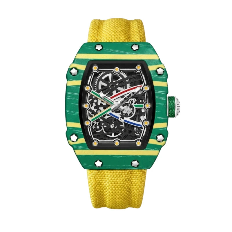 Relógio masculino Fabbricantti esqueleto caixa tonneau verde amarelo listras pulseira nylon amarela edição especial Brasil mostrador esqueleto vista frontal fundo branco