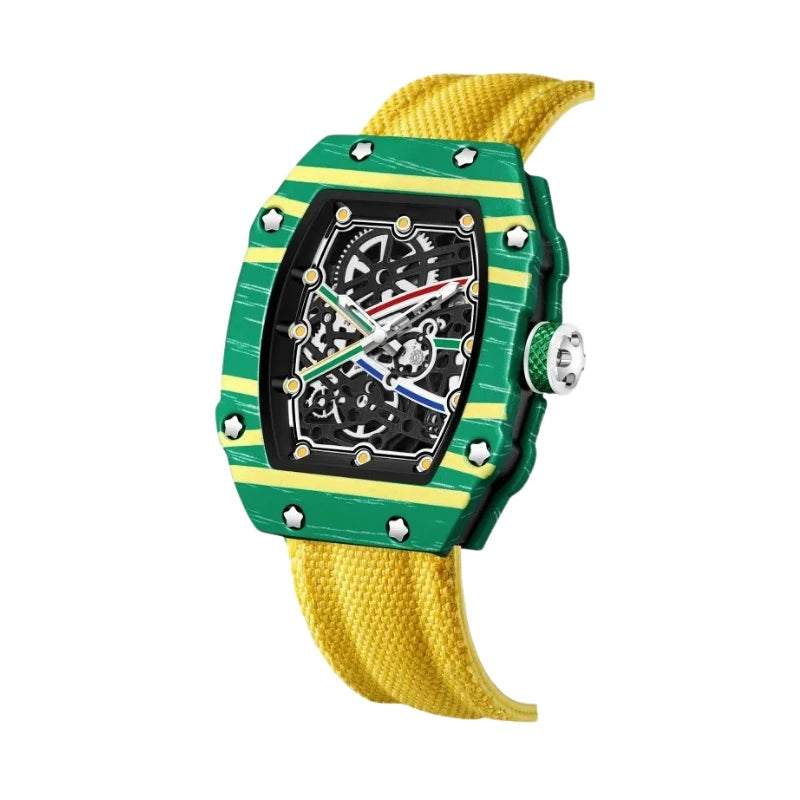 Relógio masculino Fabbricantti esqueleto caixa tonneau verde amarelo listras pulseira nylon amarela edição especial Brasil mostrador esqueleto fundo branco