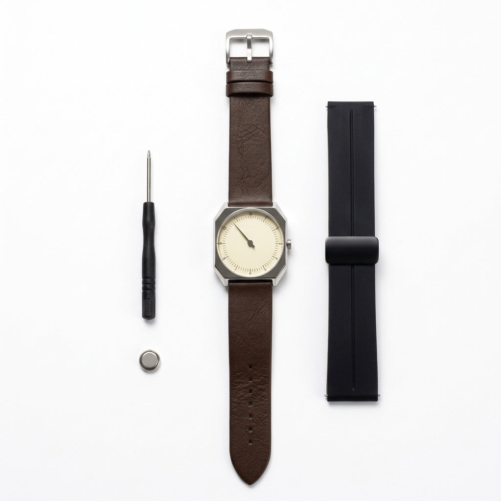 Relógio Rettrato 38mm Creme Fabbricantti com pulseira marrom, acompanhado de pulseira preta extra, ferramenta e bateria, sobre fundo branco.