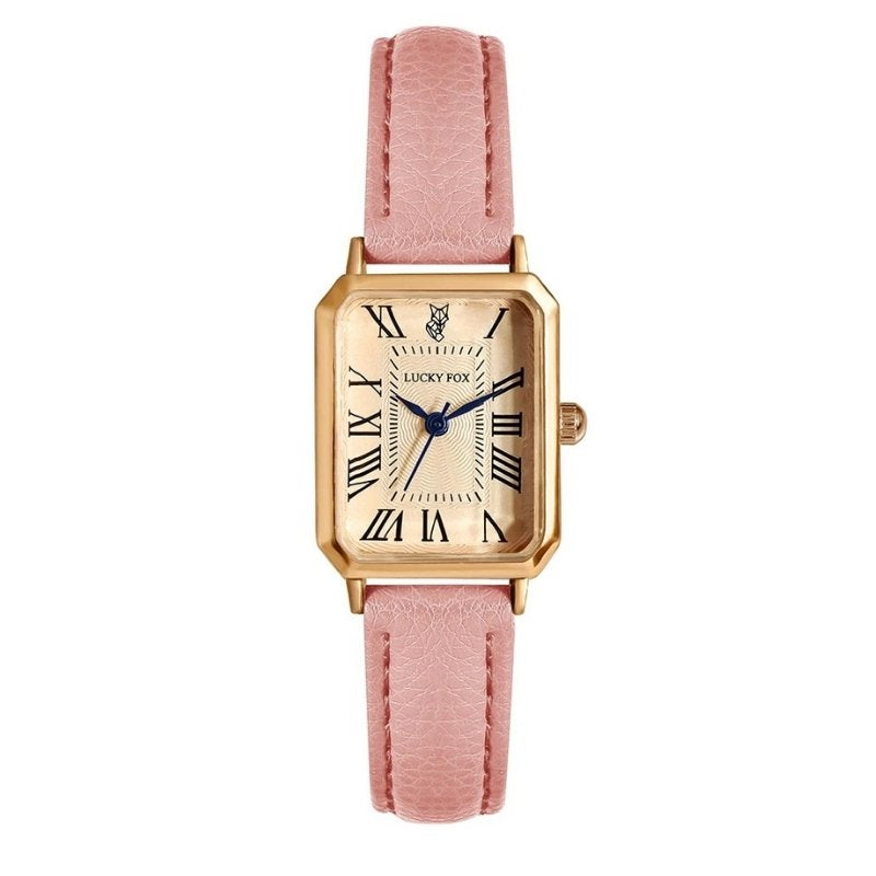 Fabricantte relogio retangular dourado pulseira couro rosa mostrador champanhe numerais romanos ponteiros azuis feminino elegante old money Fabbricantti