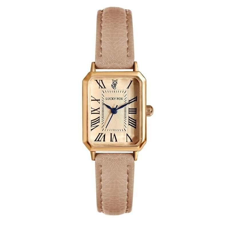 Fabricantti relogio retangular dourado pulseira couro bege nude mostrador champanhe numerais romanos ponteiros azuis feminino old money