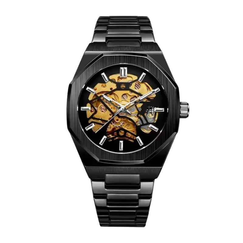 Fabricantti relogio skeleton preto caixa octagonal mostrador dourado mecanismo automatico bracelete aco preto masculino estilo old money