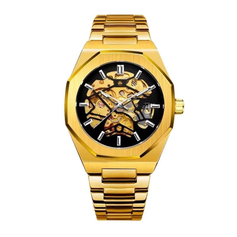Fabbricantti relogio skeleton dourado caixa octagonal mostrador preto movimento automatico bracelete integrado ouro masculino old money