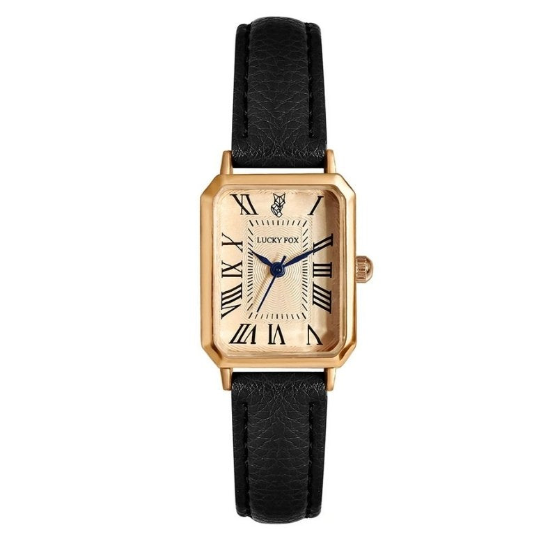 Fabbricante relogio retangular Tank dourado pulseira couro preto mostrador champanhe numerais romanos old money estilo elegante produto