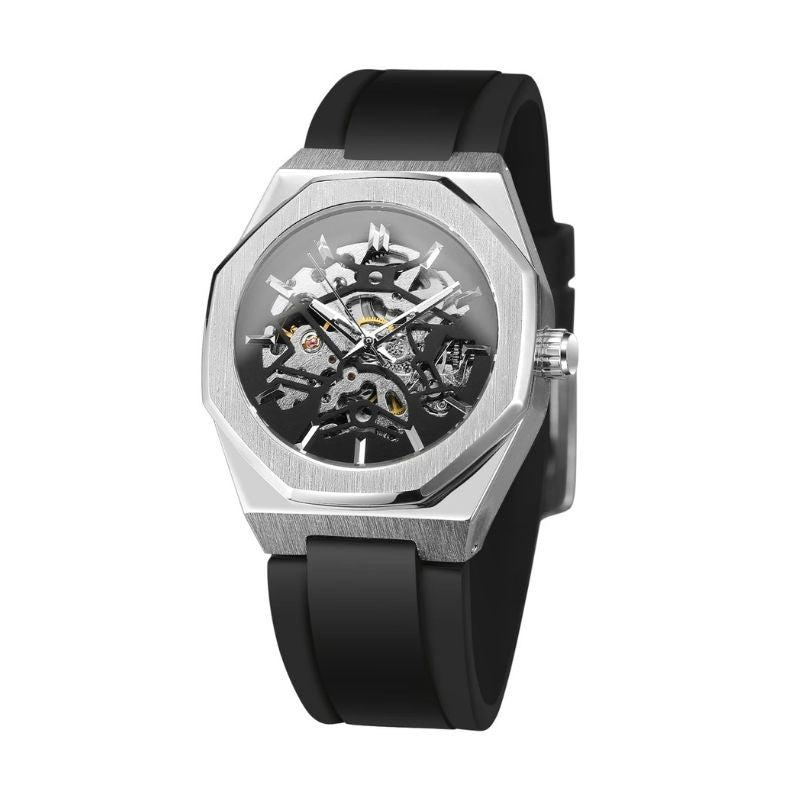 Relógio Sporttelon automático da Fabbricantti com mostrador esqueleto e pulseira esportiva preta, ideal para homens sofisticados e modernos.
