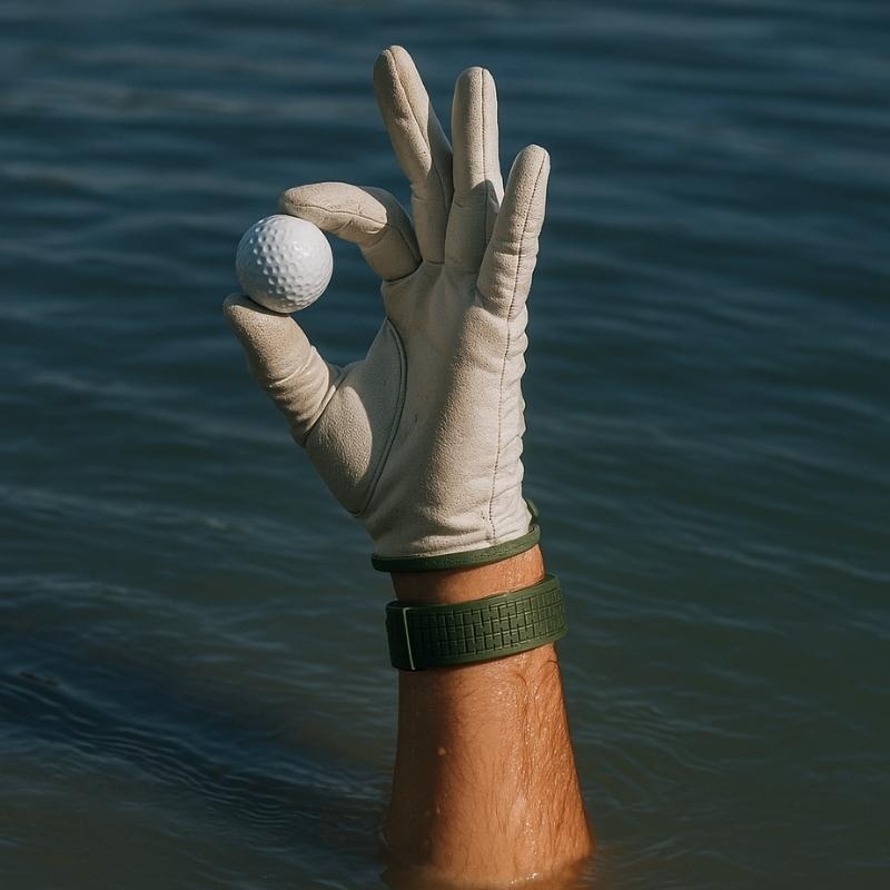 Relogio esportivo masculino Aquattico com pulseira verde, resistente a agua, usado por jogador de golfe em cena imersiva no mar.