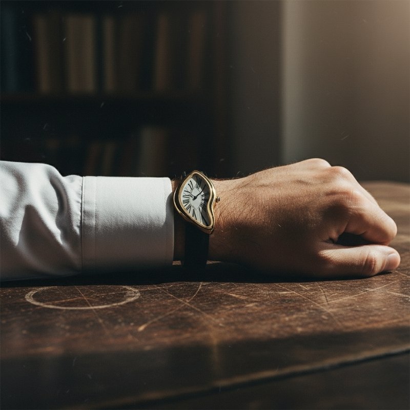 Relógio Cartti dourado da fabricante Fabbricantti, design curvo inspirado em arte surrealista, pulseira de couro preta e elegância atemporal.