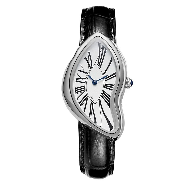 Relógio masculino Cartti prata da Fabbricanti com design curvado, mostrador romano elegante e pulseira preta em couro legítimo. Peça artística e atemporal.