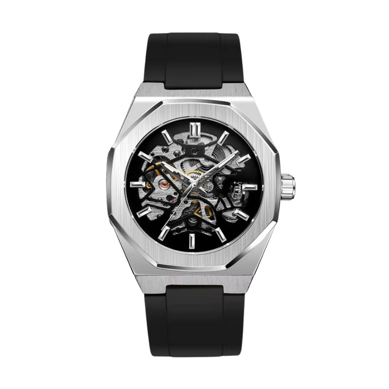 Relógio automático Fabbricantti modelo Sporttelon com mostrador skeleton, design esportivo moderno e pulseira preta em borracha. Ideal para quem valoriza engenharia e sofisticação mecânica.
