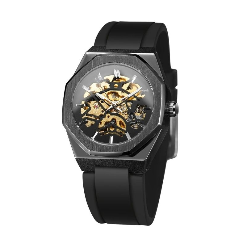 Relógio Sporttelon automático da Fabbricantti com mostrador esqueleto dourado e pulseira de borracha preta, estilo sofisticado e luxuoso.