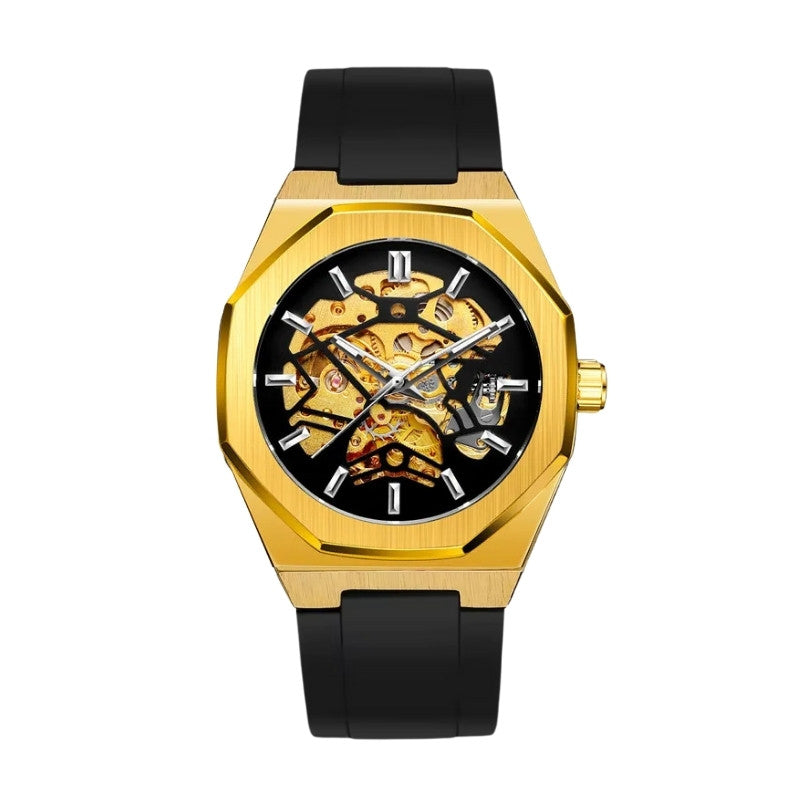 Relógio automático Sporttelon dourado da fabricanti, com mostrador skeleton aberto e detalhes mecânicos visíveis. Um modelo esportivo sofisticado com pulseira preta em borracha e visual imponente.