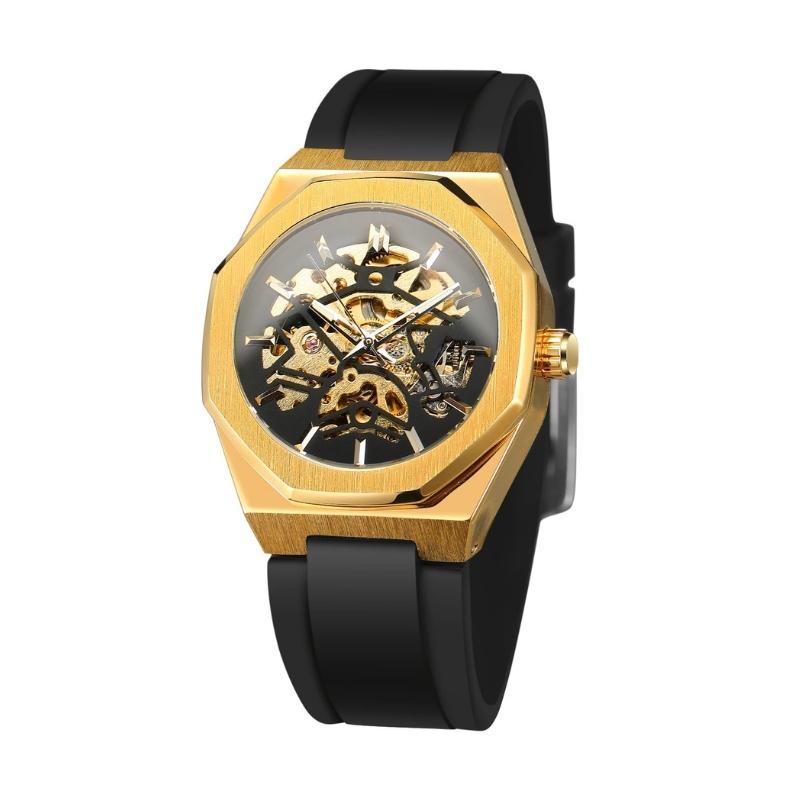 Relógio Sporttelon com caixa dourada e mostrador esqueleto da Fabbricantti, design automático, pulseira preta e estilo luxuoso inspirado no old money.