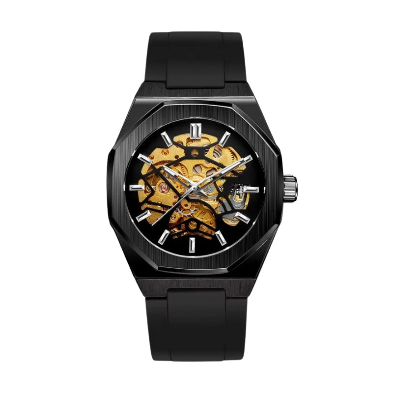 Relógio automático Sporttelon preto da fabbricanti, com mostrador skeleton dourado que revela os detalhes do mecanismo interno. Ideal para quem busca estilo, robustez e sofisticação em um único acessório.