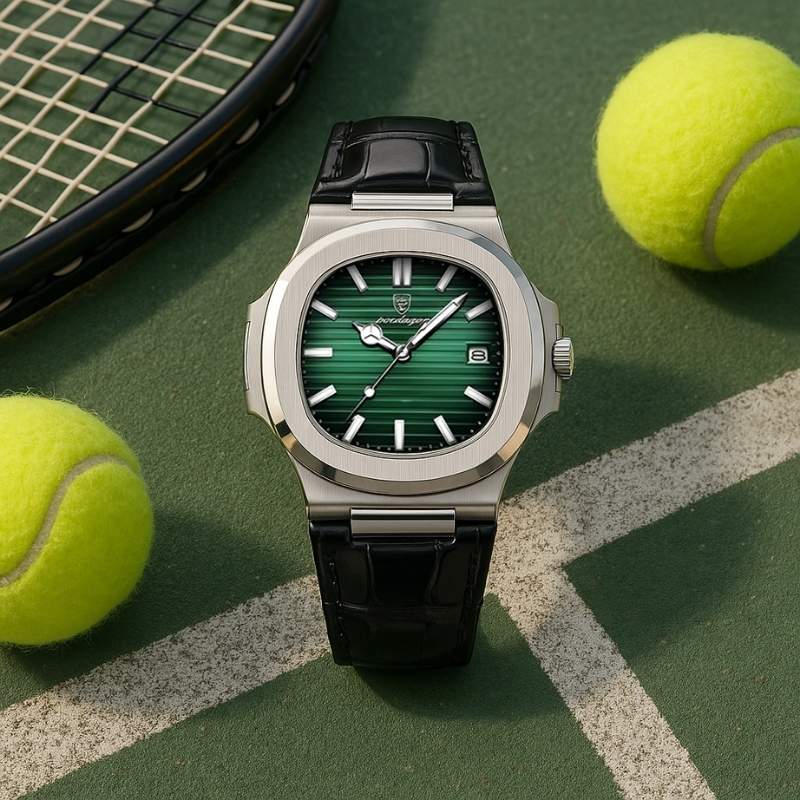 Relógio masculino Sporttivo com mostrador verde texturizado, pulseira de couro preta e caixa de aço, em uma quadra de tênis. Luxo esportivo da marca fabbricanti.