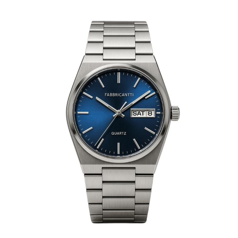 Relógio masculino com mostrador azul vibrante e pulseira de aço inox, perfeito para quem busca elegância, sofisticação e estilo atemporal no dia a dia.