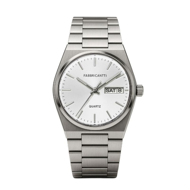 Relogio Temporatti branco com mostrador minimalista, pulseira de aço inoxidável e calendário, ideal para homens que buscam elegância acessivel.