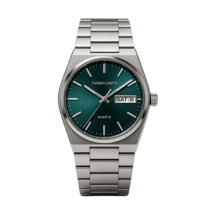 Relógio masculino de luxo com mostrador verde-água e pulseira de aço inox, ideal para compor looks sofisticados e elegantes. Design inspirado no estilo old money.