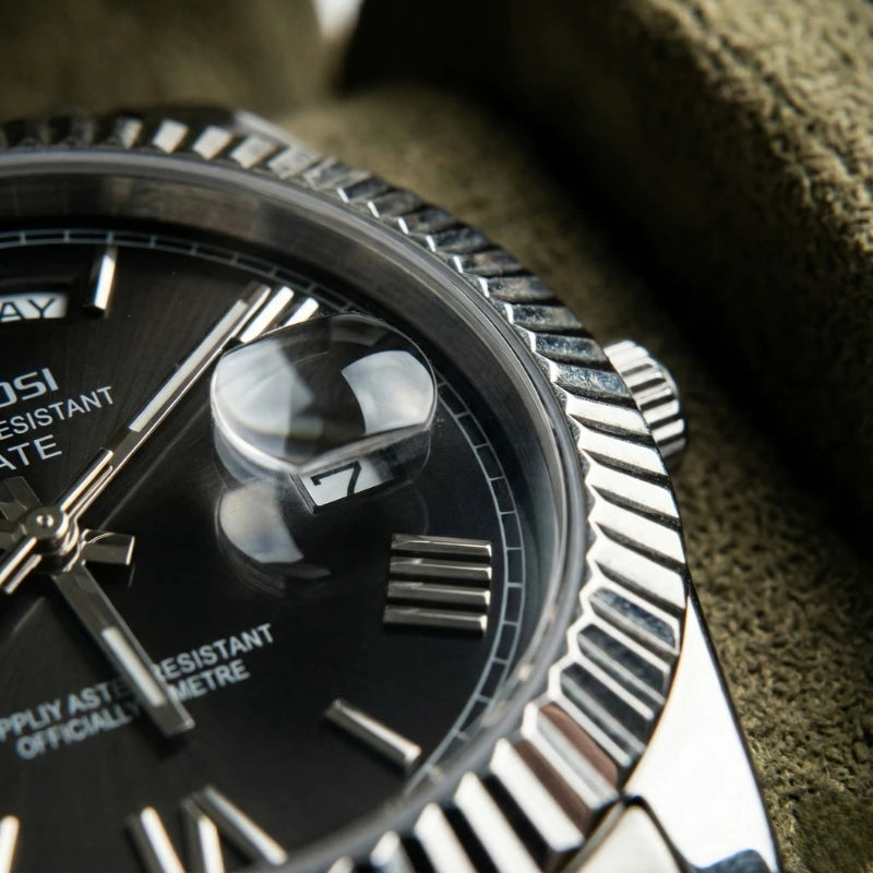 Fabbricantti relogio masculino macro detalhe luneta canelada aco inoxidavel mostrador preto caixa redonda day-date resistente agua