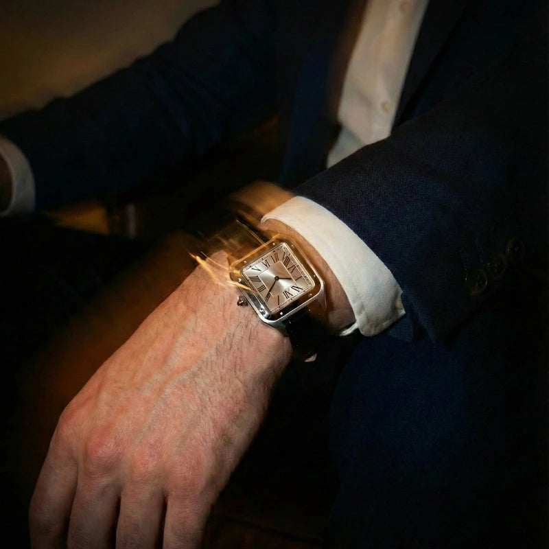 Close-up pulógio Fabbricantti caixa quadrada aço inoxidável mostrador branco numerais romanos terno azul marinho ambiente escuro sofisticado