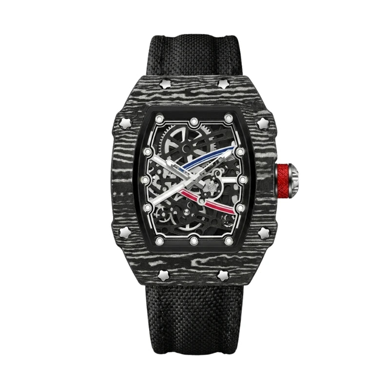 Relogio skeleton masculino Fabbricanti caixa tonneau forjada carbono movimento esqueleto visivel pulseira nylon preta presente luxo homem esportivo
