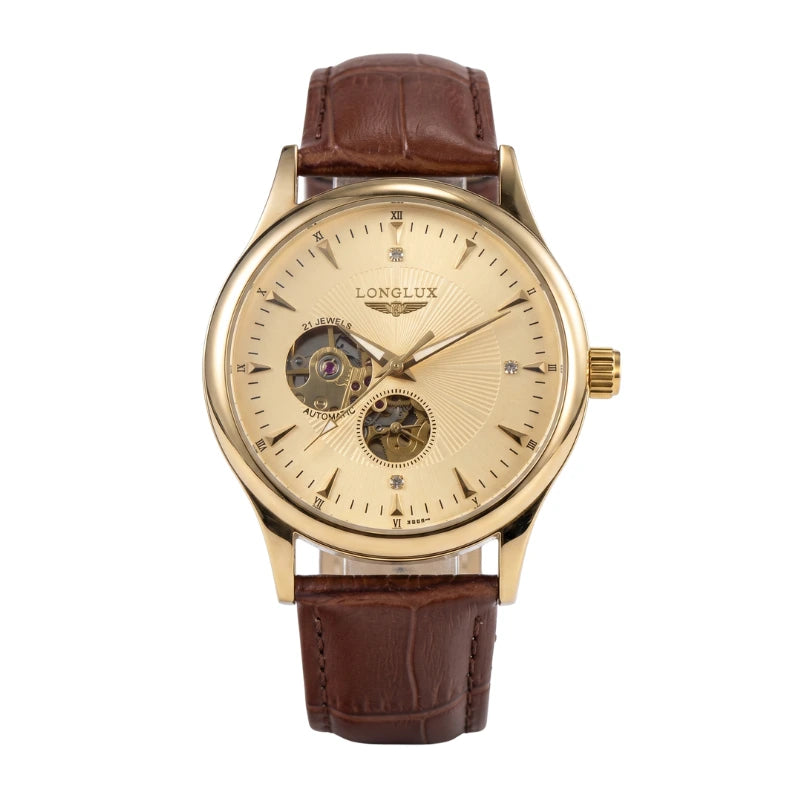 Relogios Fabbricantti masculino dourado automático mostrador champanhe tourbillon pulseira couro marrom elegante presente Dia dos Pais namorado luxo clássico