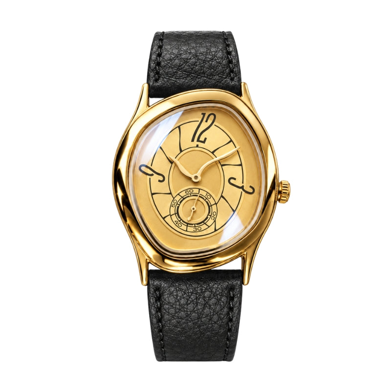 Relógio Semblantti 37 mm dourado, com caixa assimétrica e pulseira de couro preta, visto de frente sobre fundo branco.