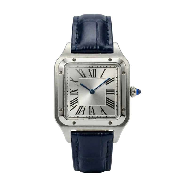 Fabbricanti relógio masculino caixa quadrada mostrador branco numerais romanos parafusos aparentes pulseira couro azul marinho coroa safira fundo branco