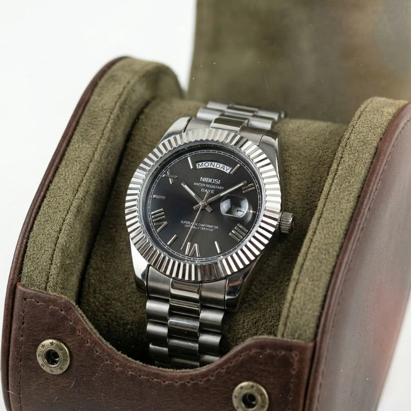 Fabricante relogio masculino Day-Date mostrador preto dia semana data numerais romanos luneta canelada bracelete president aco escuro porta-relogios couro marrom