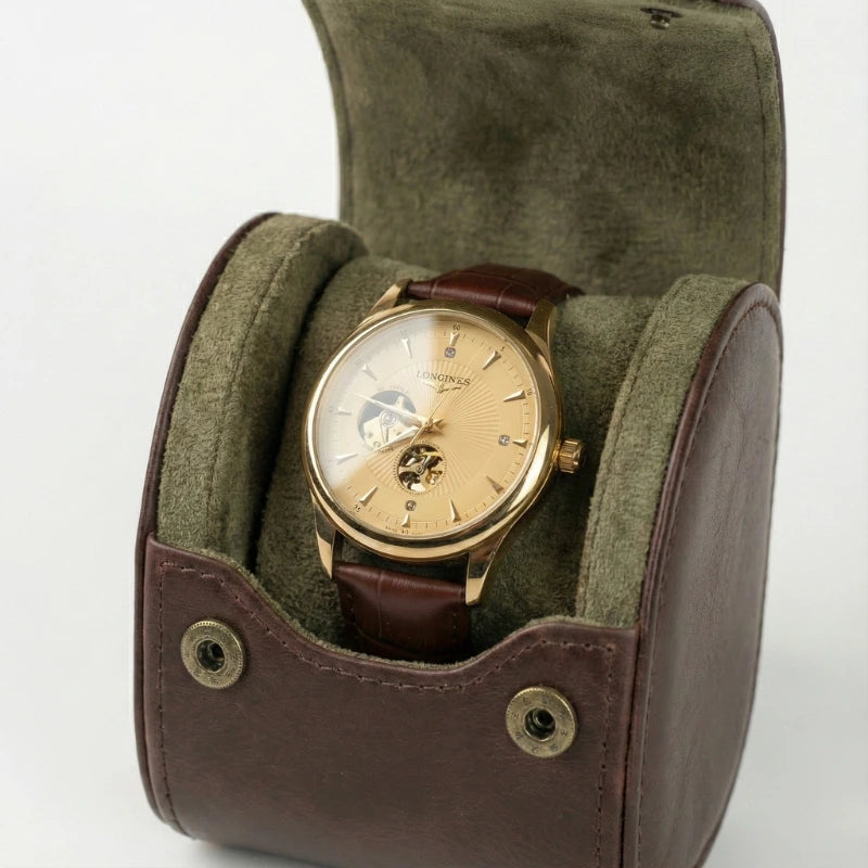 Relogio Fabbricantti masculino dourado esqueleto mecanismo aberto dentro estojo porta-relogios couro marrom presente Fabricanti relogio automatico caixa redonda ouro mostrador champanhe