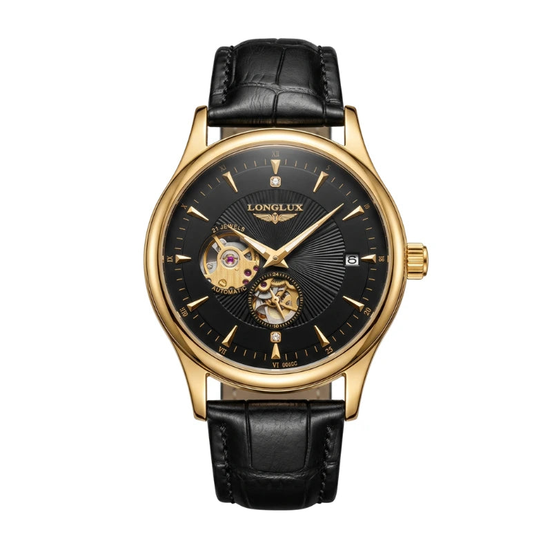 Relógio masculino dourado automático tourbillon mostrador preto pulseira couro crocodilo preta Fabricantti relogio luxo elegante clássico movimento visível
