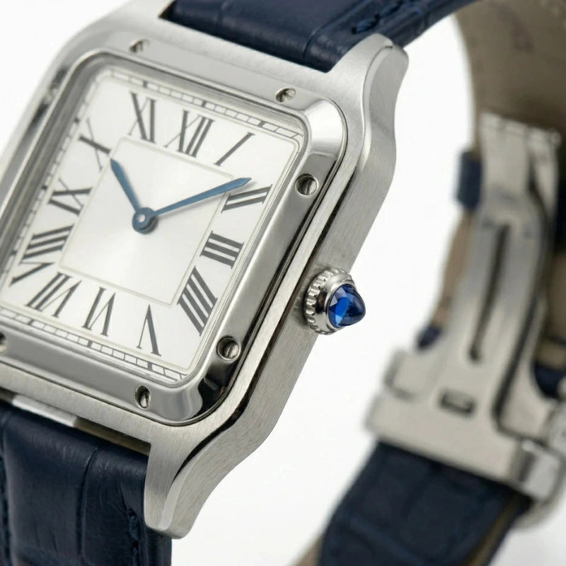 Relógio masculino Fabbricantti caixa quadrada aço inoxidável mostrador branco numerais romanos ponteiros azulados pulseira couro azul marinho textura crocodilo