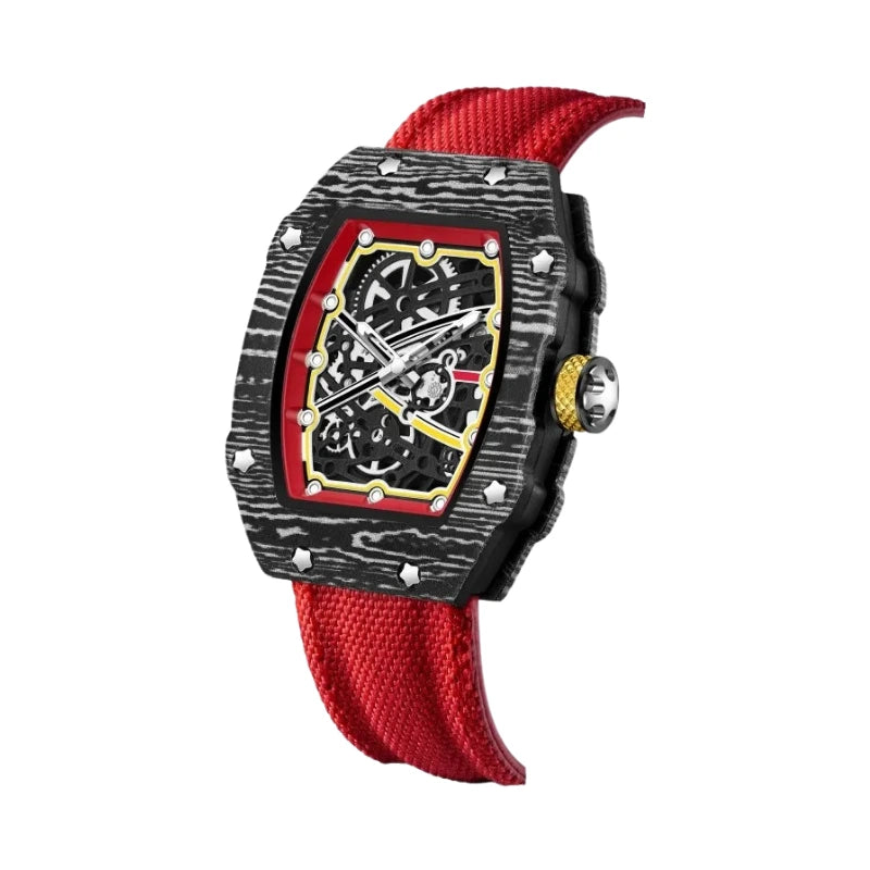 Relógio masculino Fabbricantti esqueleto caixa tonneau fibra de carbono preta detalhes vermelho amarelo pulseira nylon vermelha mostrador esqueleto fundo branco