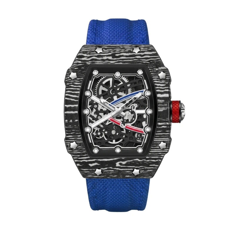 Relógio masculino Fabbricantti esqueleto caixa tonneau fibra de carbono preta pulseira nylon azul mostrador esqueleto vista frontal fundo branco luxo esportivo