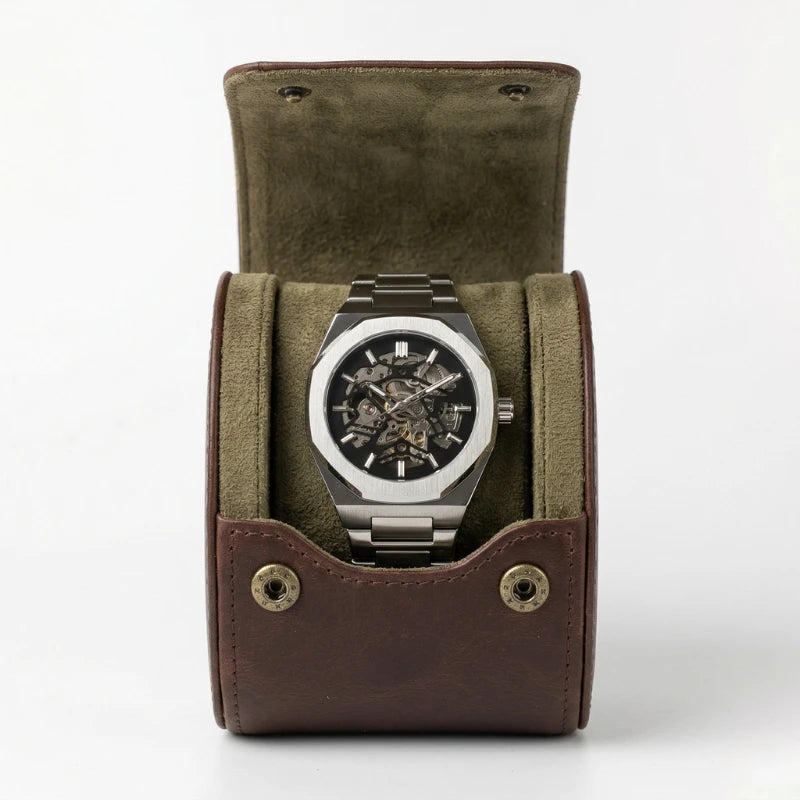 Relógio masculino Fabbricantti Octtagono aço caixa octogonal mostrador esqueleto pulseira aço porta-relógio viagem couro marrom vista superior Old Money Quiet Luxury