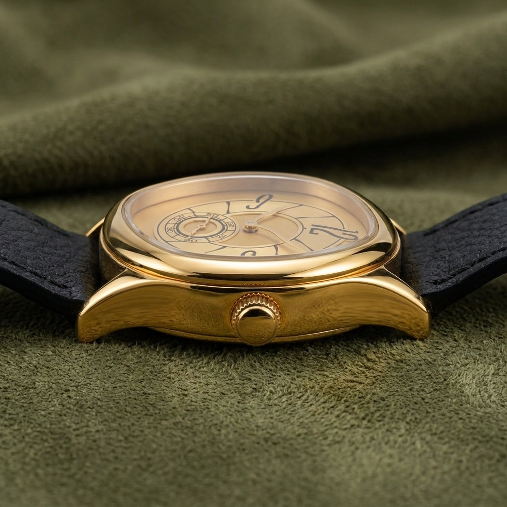 Perfil da caixa dourada do Semblantti e detalhe da coroa, com pulseira de couro preta apoiada sobre tecido verde-oliva.