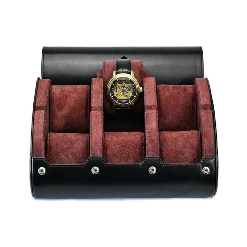 organizador de relogios de couro preto com veludo vermelho vinho e 6 compartimentos internos para armazenar relogios de forma organizada