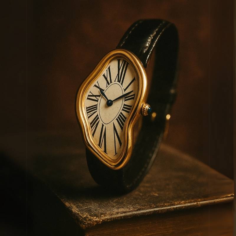 Relógio Cartier Crash Cartti dourado da fabricante Fabbricantti, design curvo inspirado em arte surrealista, pulseira de couro preta e elegância atemporal.