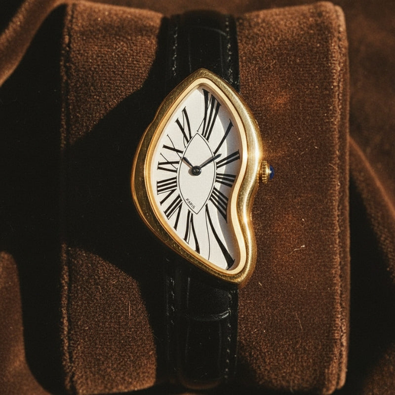 Relógio da Fabbricantti com design surrealista dourado, inspirado em formas fluidas e sofisticadas do universo artístico vintage.