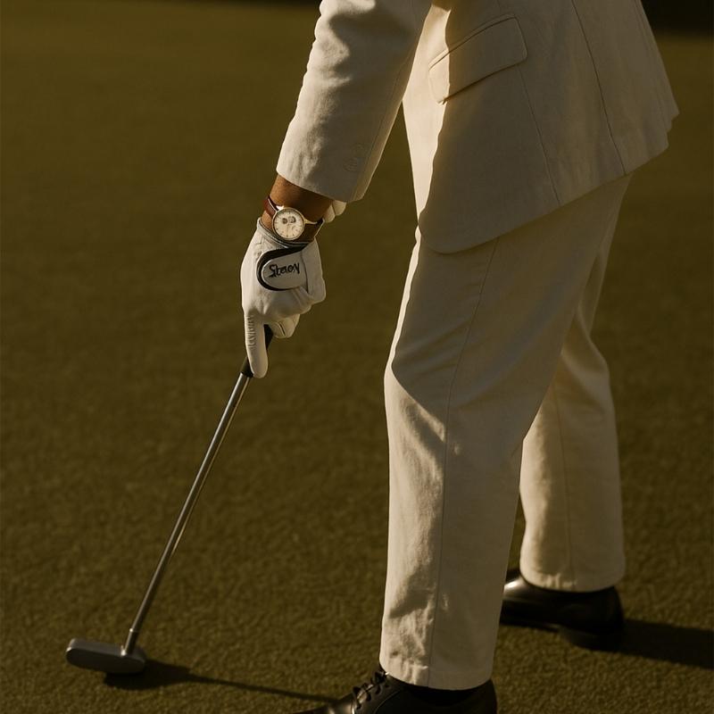 Relogio de luxo masculino modelo Elegantti com pulseira de couro marrom, usado por homem jogando golfe. Estilo old money e sofisticacao classica.
