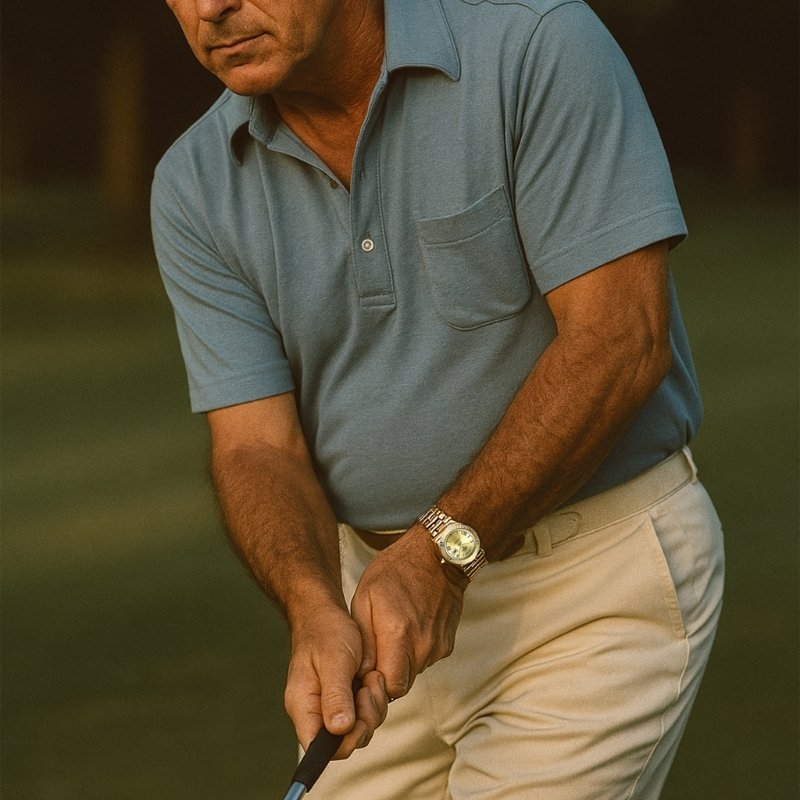 Homem jogando golfe usando o relógio Presidentti da Fabbricantti, acessório masculino de luxo com design clássico inspirado no estilo Old Money. Marca fabricante de relógios sofisticados: fabbricanti, fabricanti, fabricantti.