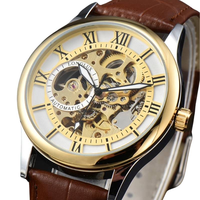 Relógio automático Sofisttico com mostrador esqueleto dourado, pulseira de couro marrom e design clássico com numerais romanos. Elegância atemporal da marca fabricante, ideal para homens que valorizam precisão e sofisticação.
